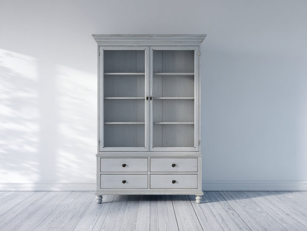 Bücherregal mit Glastüren 115x40x190 cm - Weiß-Hellgrau - Landhausstil mit 4 Schubladen