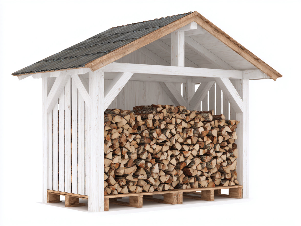Kaminholzregal aus Holz 220x90x205 cm - Weiß Grau und Naturbraun - mit Satteldach