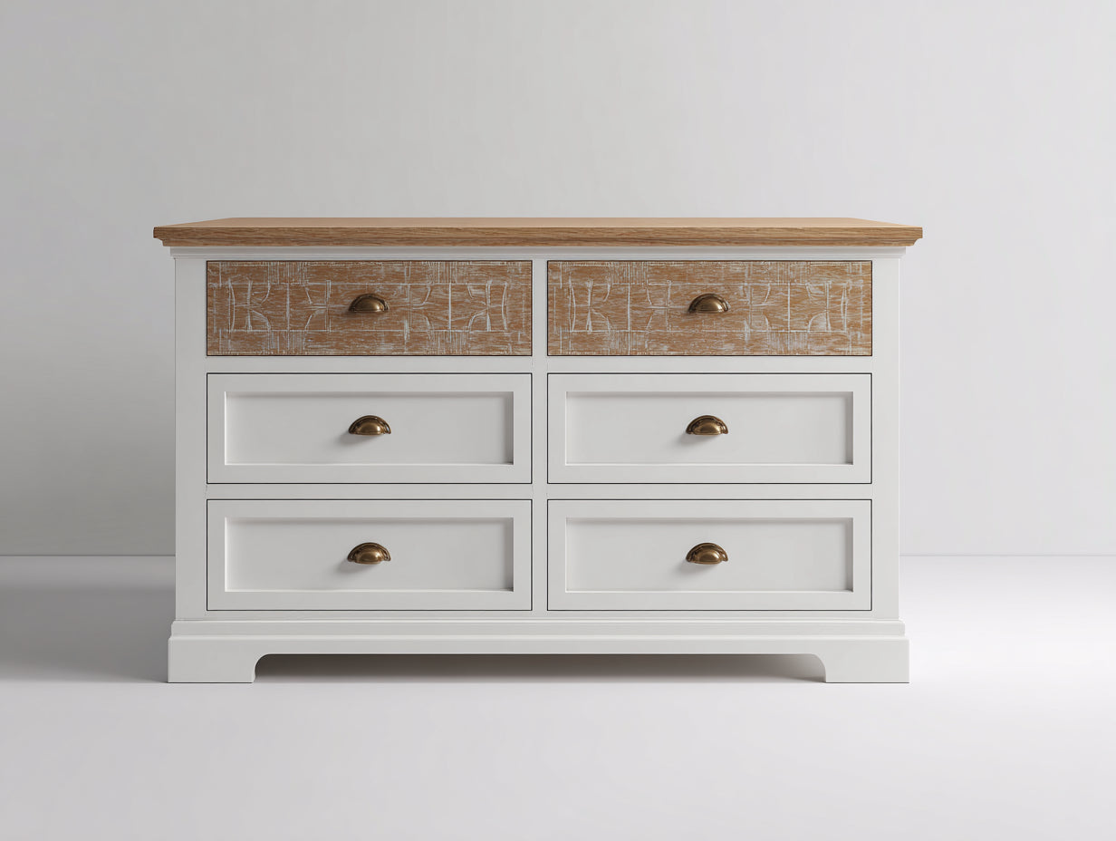 Kommode mit Schubladen Holzwerkstoff 130 x 45 x 85 cm - Weiß-Naturholz-Bronze - Landhausstil für Schlafzimmer