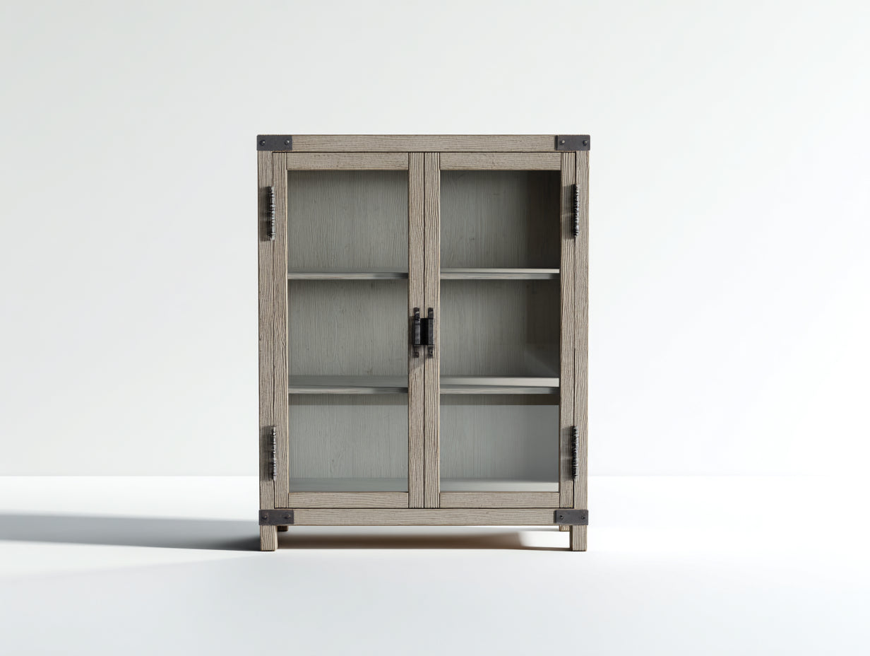Bücherregal aus Holzwerkstoff 90x40x130 cm - Grau und Schwarz - 2 Glastüren im Industriestil