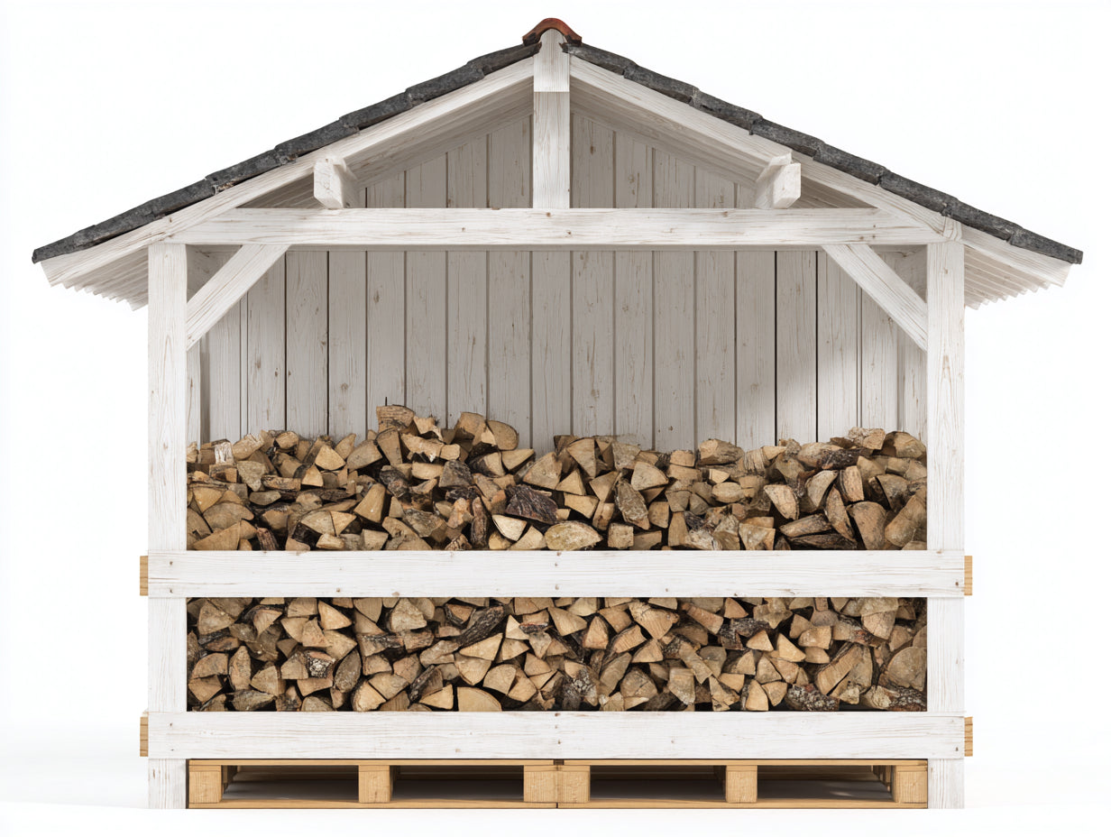 Kaminholzregal aus Massivholz 220x75x210 cm - Weiß und Grau - Mit Satteldach und Rückwand
