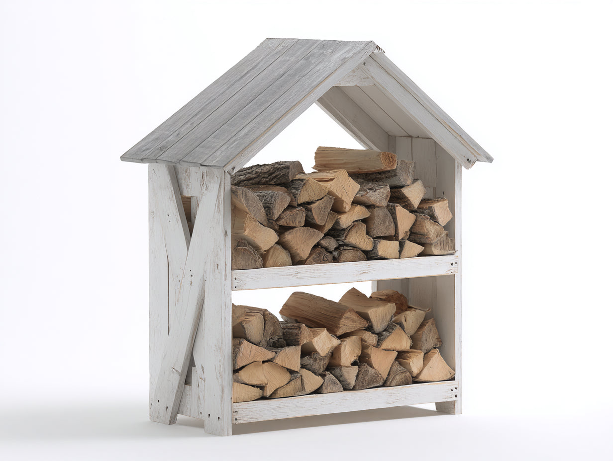 Kaminholzregal aus Holz 100 x 45 x 160 cm - Weiß Grau - Zweistufige offene Bauweise mit Satteldach für den Außenbereich