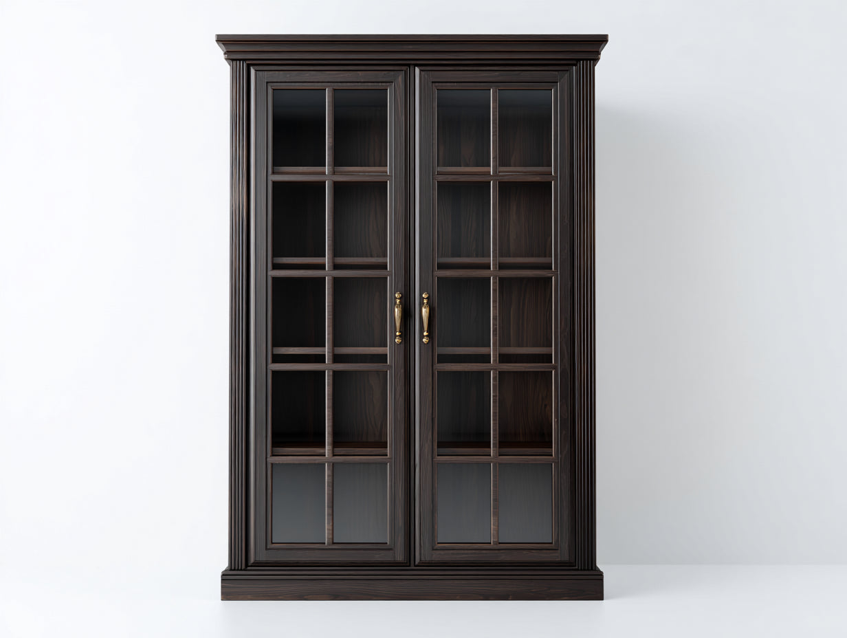 Bücherregal aus Holz mit 2 Glastüren 110 x 42 x 190 cm - Dunkelbraun - klassisches Design für Wohnzimmer und Arbeitszimmer