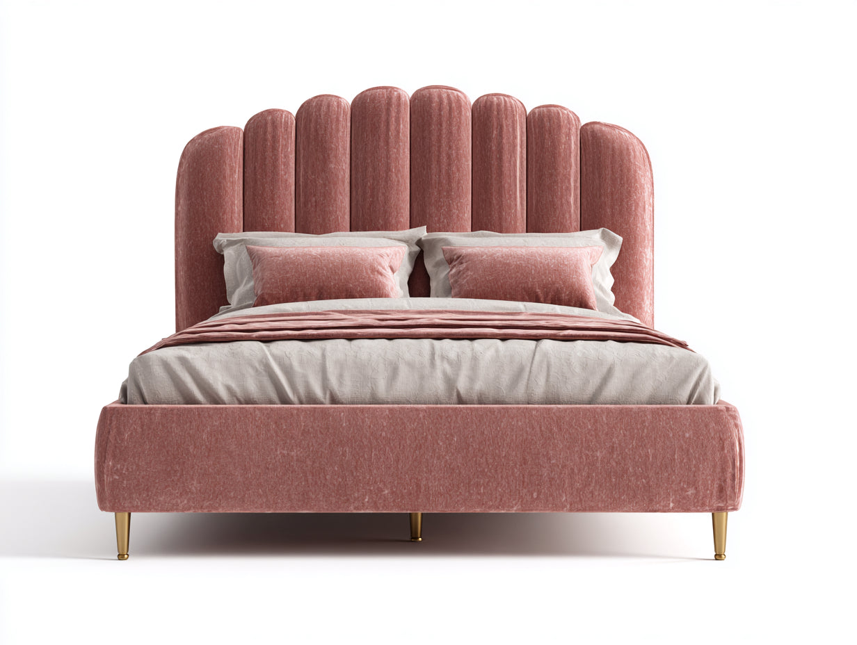 Doppelbett mit Bezug in Samtoptik 215x175x145 cm - Rosa und Goldfarben - Gepolstertes Muschel-Kopfteil