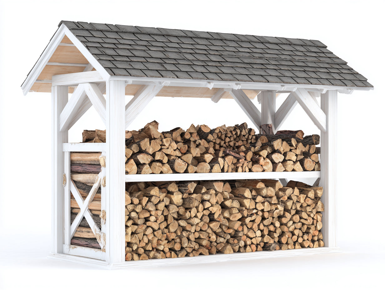 Kaminholzregal Holz 250x80x185 cm - Weiß-Grau-Naturholz - Überdachtes Brennholzregal mit 2 Ebenen für Garten und Terrasse