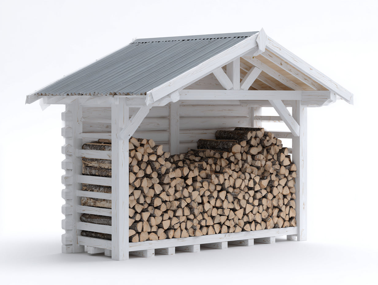 Kaminholzregal aus Holz 240 x 100 x 210 cm - Weiß Grau - Großes offenes Brennholzlager mit Satteldach für den Außenbereich
