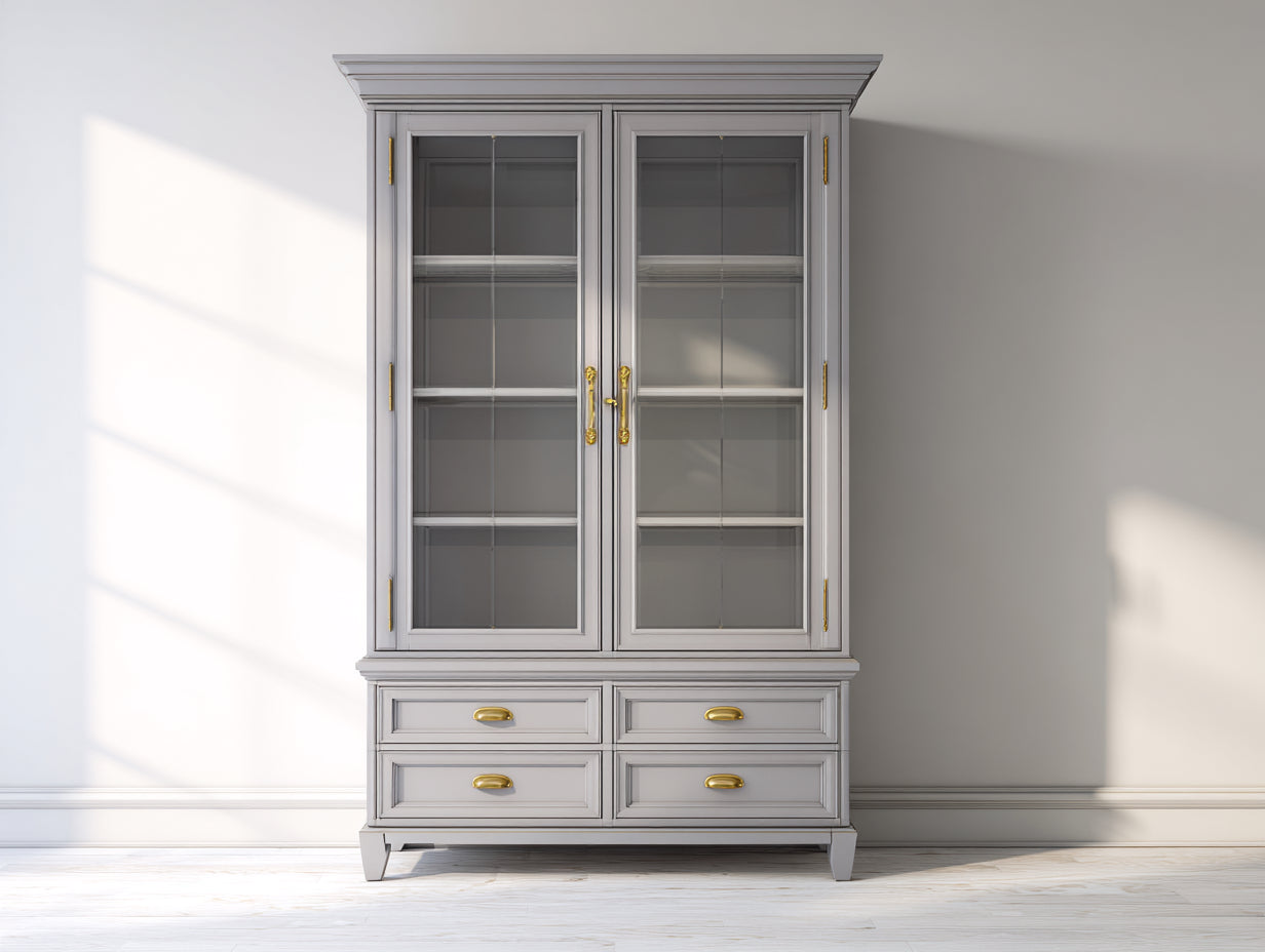 Bücherregal mit Glastüren 120x42x200 cm - Grau-Gold - klassischer Stil mit 4 Schubladen