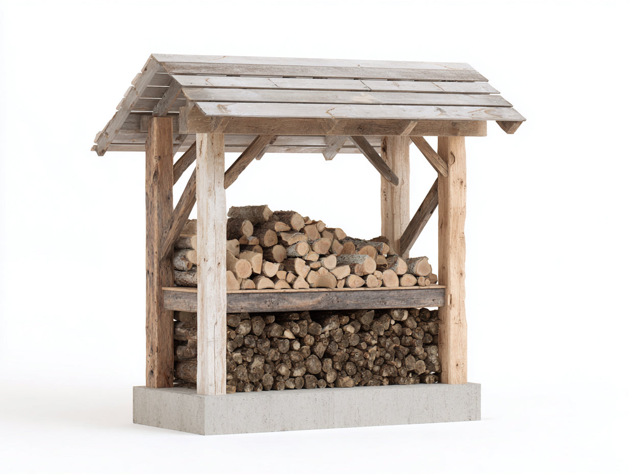 Kaminholzregal aus Holz 160x60x180 cm - Naturbraun Weiß und Grau - mit Dach und Sockel