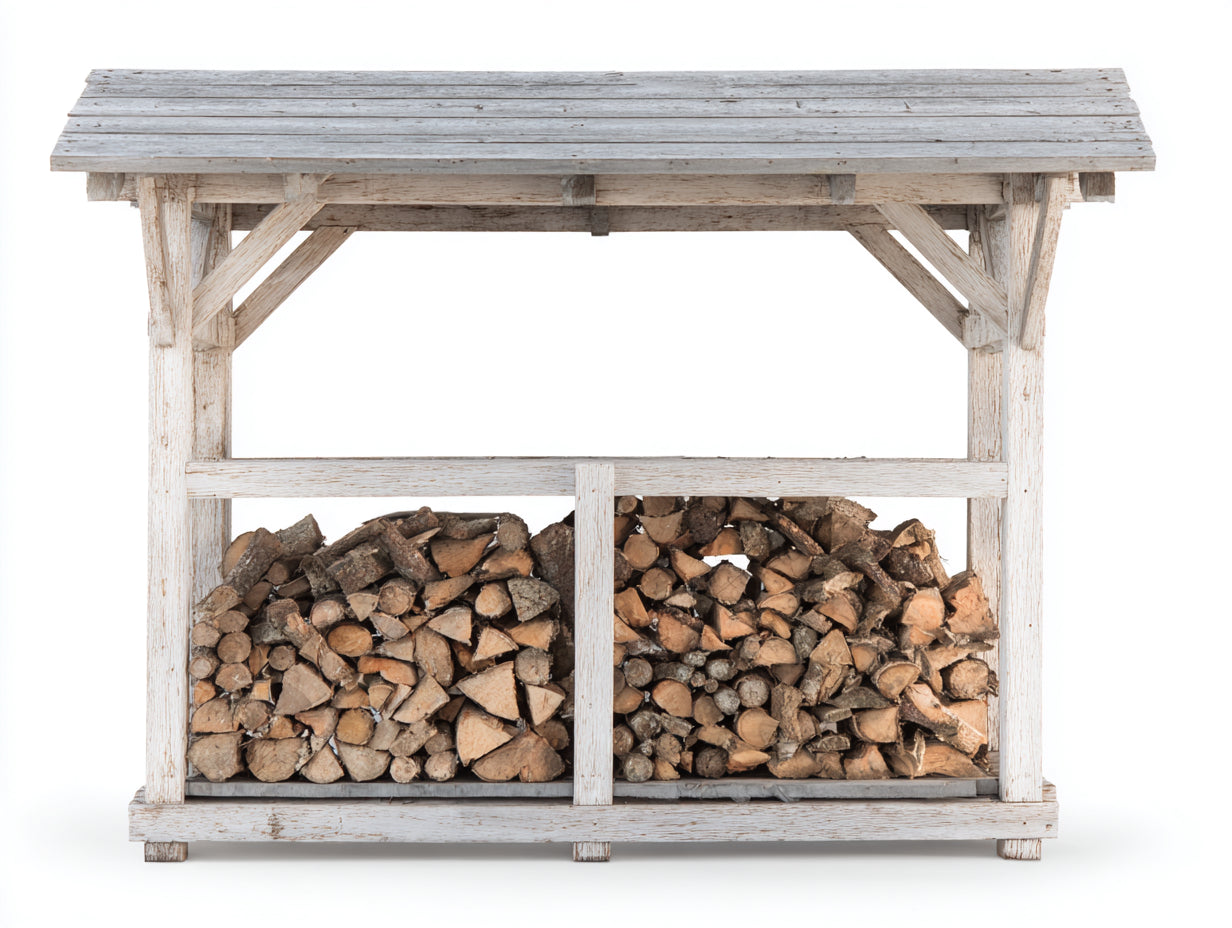 Kaminholzregal Holz 180x55x145 cm - Weiß-Naturholz - Überdachtes Brennholzregal mit 2 Fächern für Garten und Terrasse