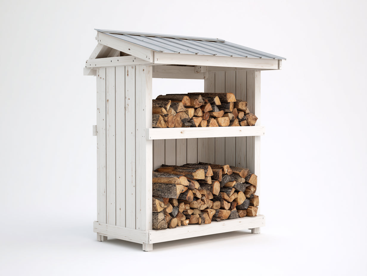 Kaminholzregal aus Holz 120 x 60 x 180 cm - Weiß Silbergrau - Offene Bauweise mit zwei Lagerbereichen und Pultdach für den Außenbereich
