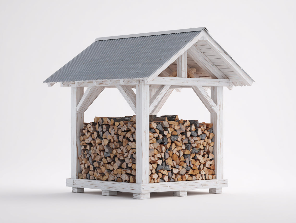 Kaminholzregal aus Massivholz und Metall 180x110x210 cm - Weiß und Grau - Offene Konstruktion mit Satteldach