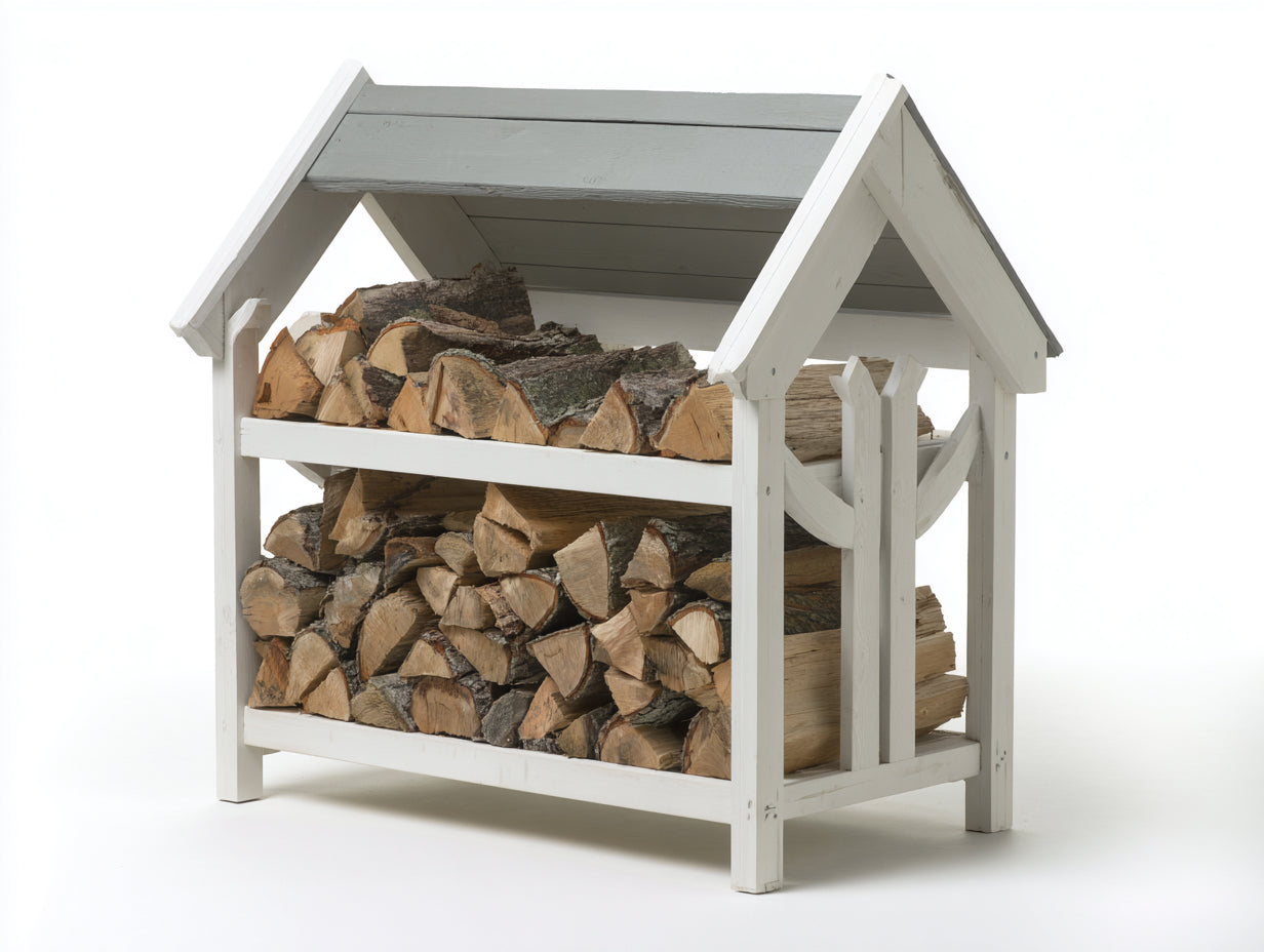 Kaminholzregal Holz 150x60x120 cm - Weiß-Grau - überdachtes Design mit 2 Ebenen