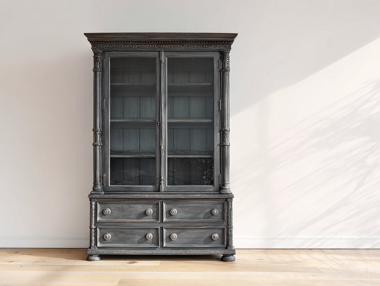 Bücherregal aus Holz mit 2 Glastüren und 4 Schubladen 120 x 45 x 200 cm - Anthrazit - klassisches Vintage Design für Wohnzimmer und Arbeitszimmer