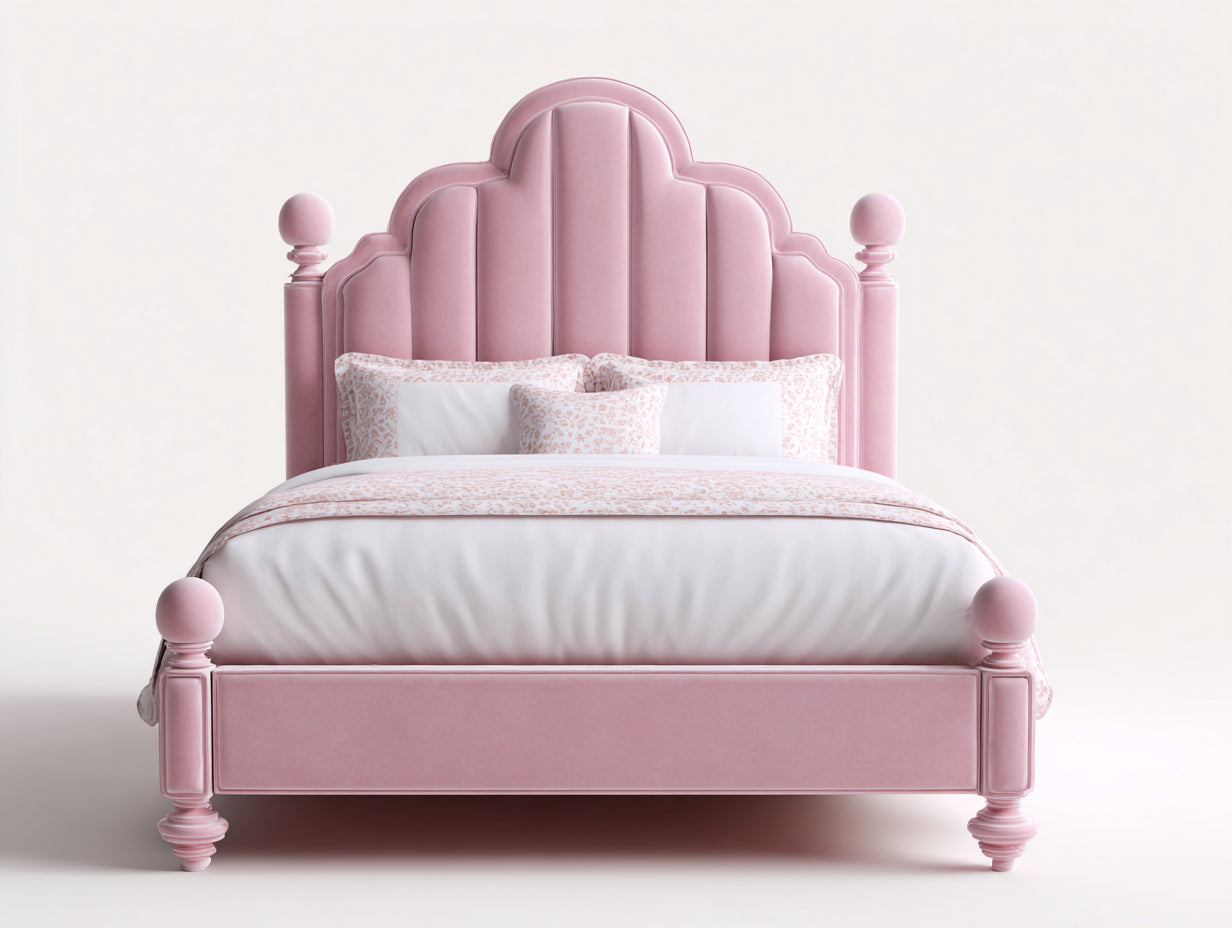 Doppelbett mit Bezug in Samtoptik 215x180x170 cm - Rosa - Gepolstertes Bogen-Kopfteil mit Zierpfosten