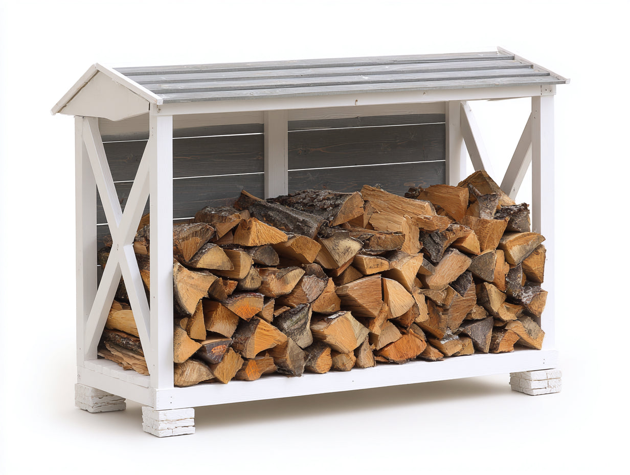 Kaminholzregal aus Holz 170x60x150 cm - Weiß Grau und Naturbraun - mit Dach und Rückwand