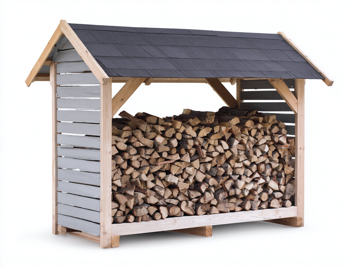 Kaminholzregal Holz 240x75x155 cm - Naturholz-Weiß-Schwarz - überdachtes Design mit Satteldach