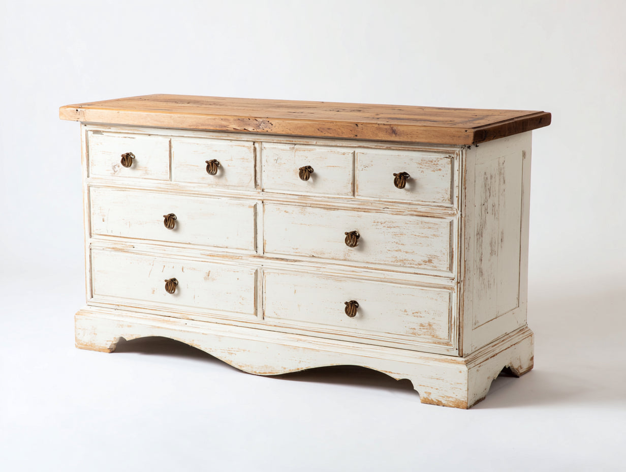 Kommode mit Schubladen Holzplatte 140x45x80 cm - Weiß-Eiche - Landhausstil mit 8 Schubladen
