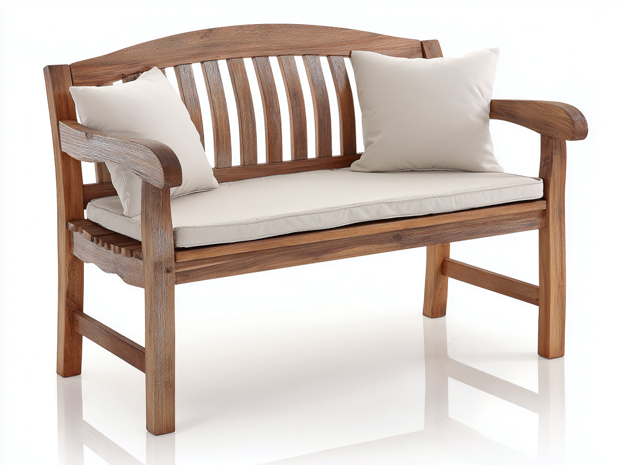 Gartenbank aus Holz 120x60x90 cm - Braun und Creme - mit Sitzauflage und Armlehnen